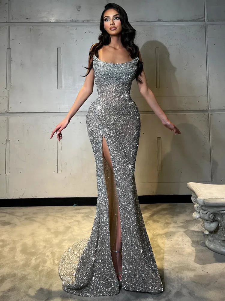 Women Sexy Strapless Backless Mesh Sequins Maxi Long Silver Bodycon Dress 2024 Elegant Party Evening Stage Performance Vestido