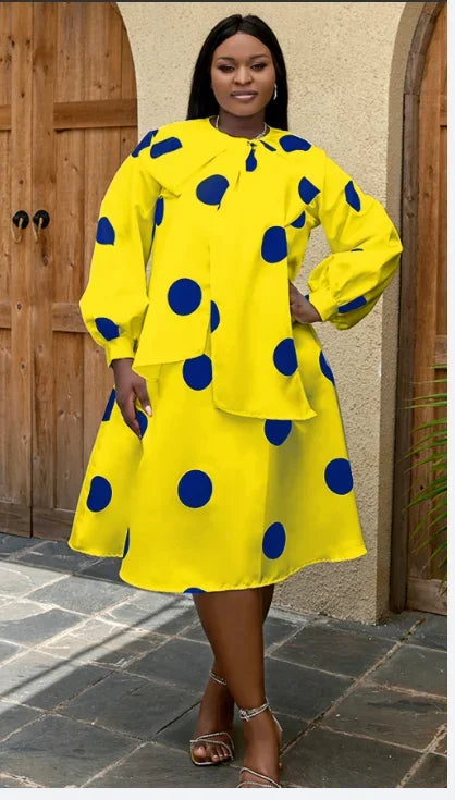 Women White Dress Polka Dot Print Big Bow Lantern Sleeve Spring Elegant Fashion Birthday Party Evening Plus Size Gown Robes 4XL Yellow