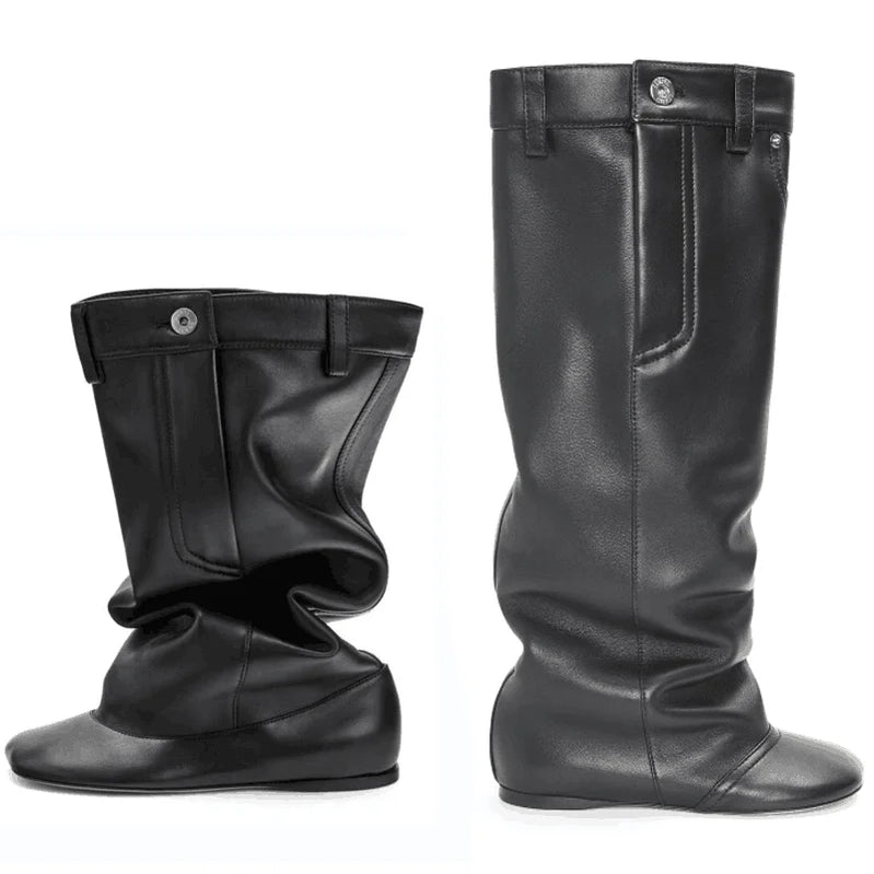 Women's High Rise Knee Length Women's Boots Fashion Size 43 Large Flat Bottom High Barrel Mid Sleeve Women's Boots