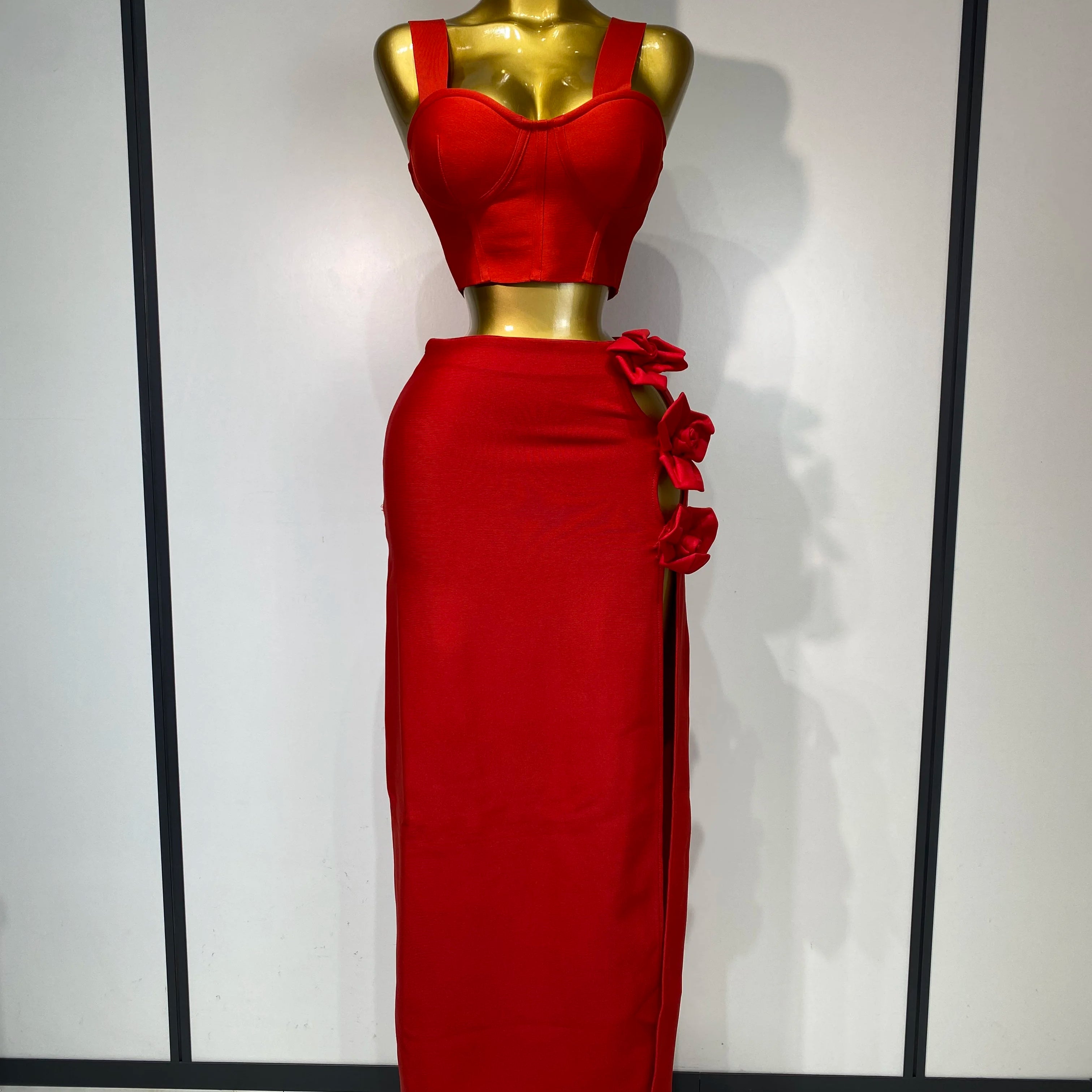 Women Red Top Flower Skirt Two Piece Set Evening Party Nightclub Elegant Host Tight Sexy Club Bodycon Bandage Long Skirt