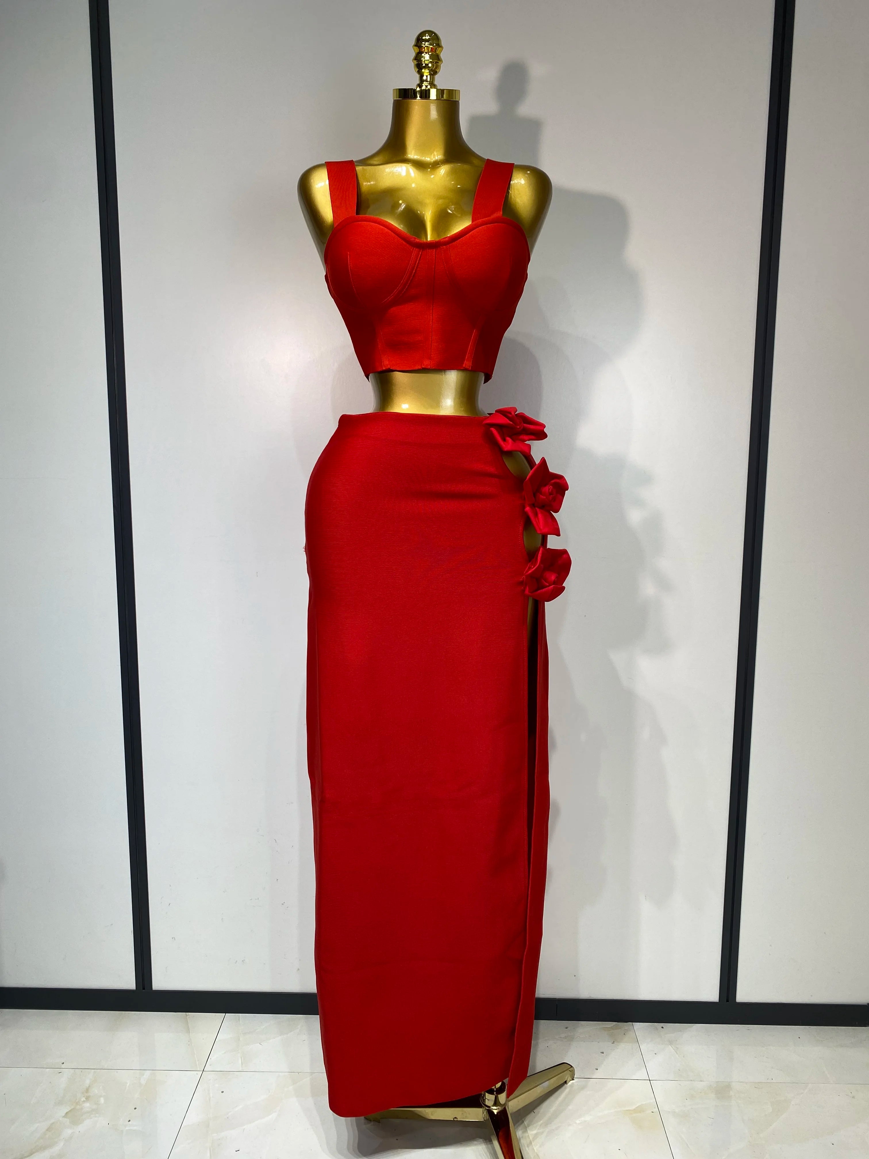 Women Red Top Flower Skirt Two Piece Set Evening Party Nightclub Elegant Host Tight Sexy Club Bodycon Bandage Long Skirt