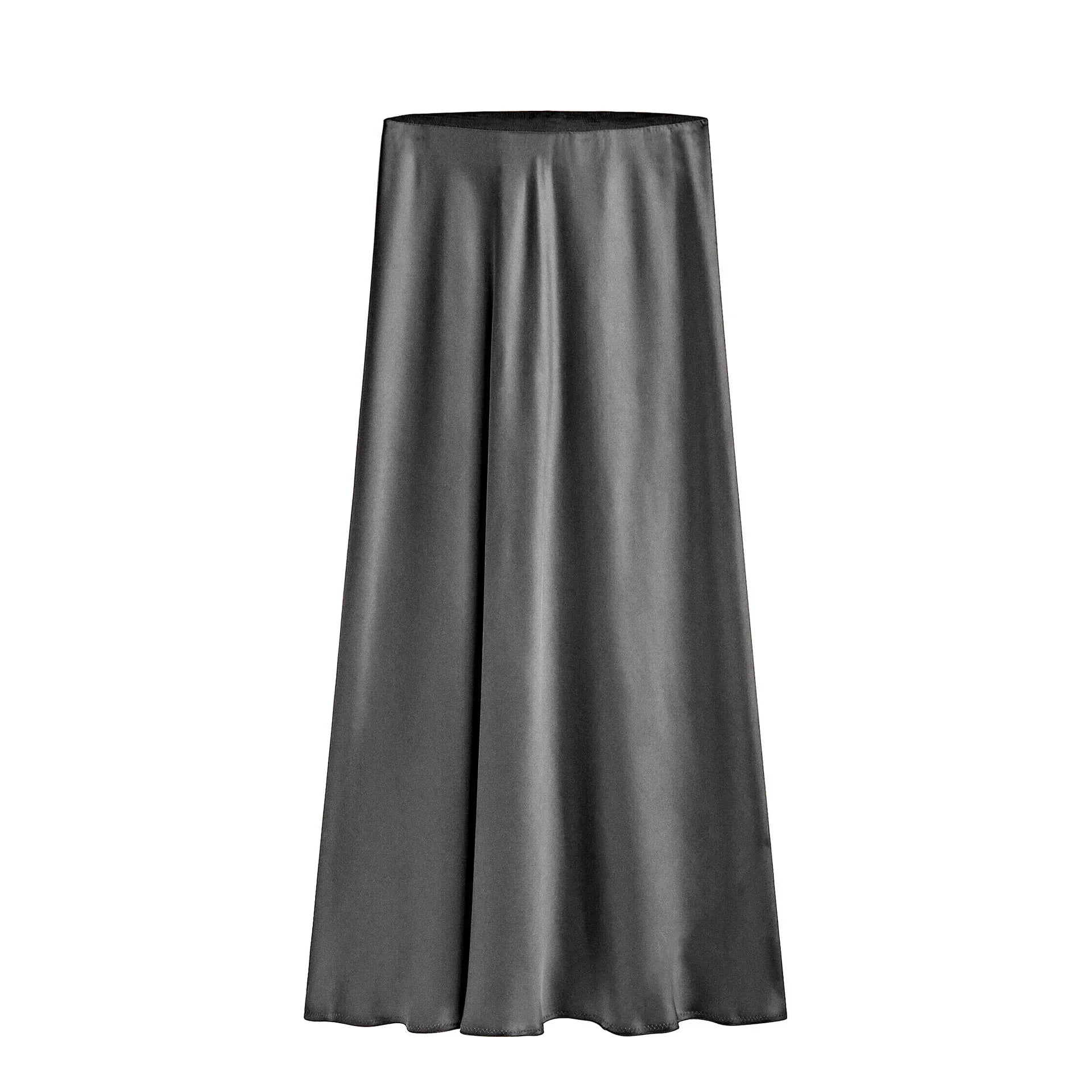 Silk Satin Skirts for Women Summer Casual Style A-line Solid Color Elastic High Waist Side Slit Champagne Skirt Gray