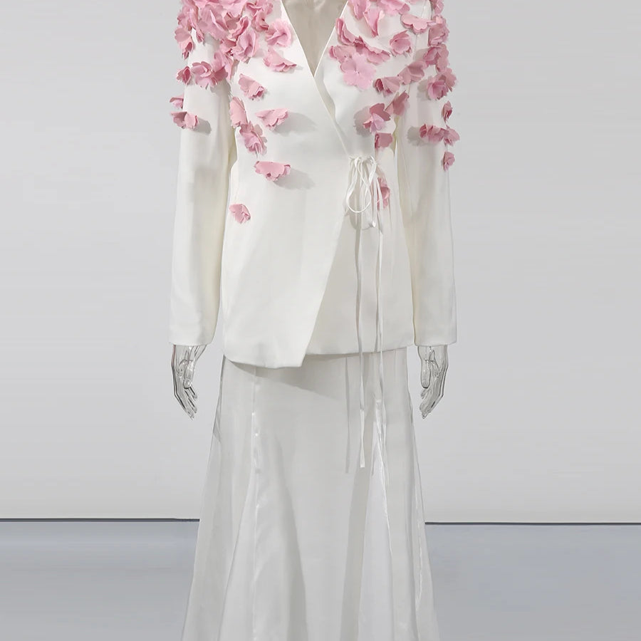 TWOTWINSTYLE Spliced Petal Two Piece Sets for Women V Neck Long Sleeve Patchwork Lace Up Top High Wasit Skirt Elegant Set Female