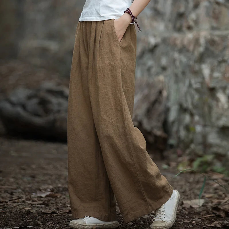 Vintage Casual Cotton Linen Female Pants Spring Summer Korean Style Elastic Waist Solid Women Long Straight Wide Leg Pants dark yellow One Size
