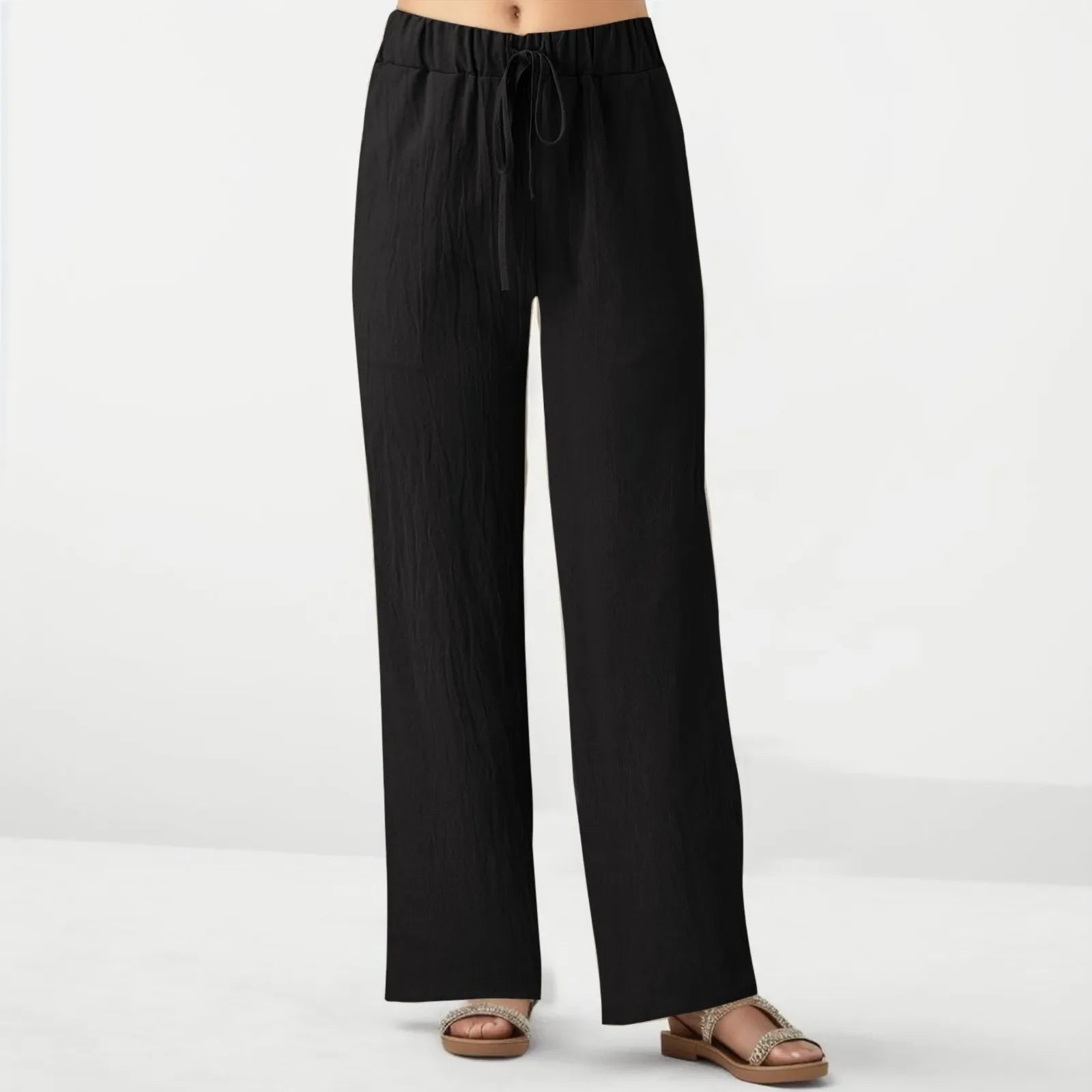 Wide Leg Pants With Pocket Loose Casual Solid Color Bandage Drawstring Womens Trousers Casual Work Elastic Waist Straight Pants Black