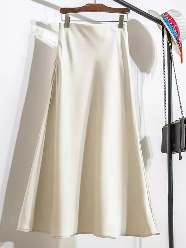 Acetic Satin Fishtail Skirt Woman Korean Fashion Elastic High Waist Skirts for Women Spring/summer New Slim Long Dresses apricot