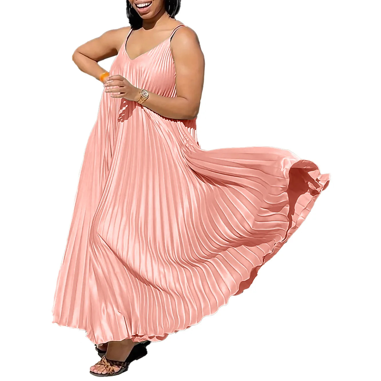 Plus Size Summer New Solid Color Loose V-Neck Suspender Pleated Large Skirt Hem Fashionable And Elegant Vacation Long Dress MG8571002