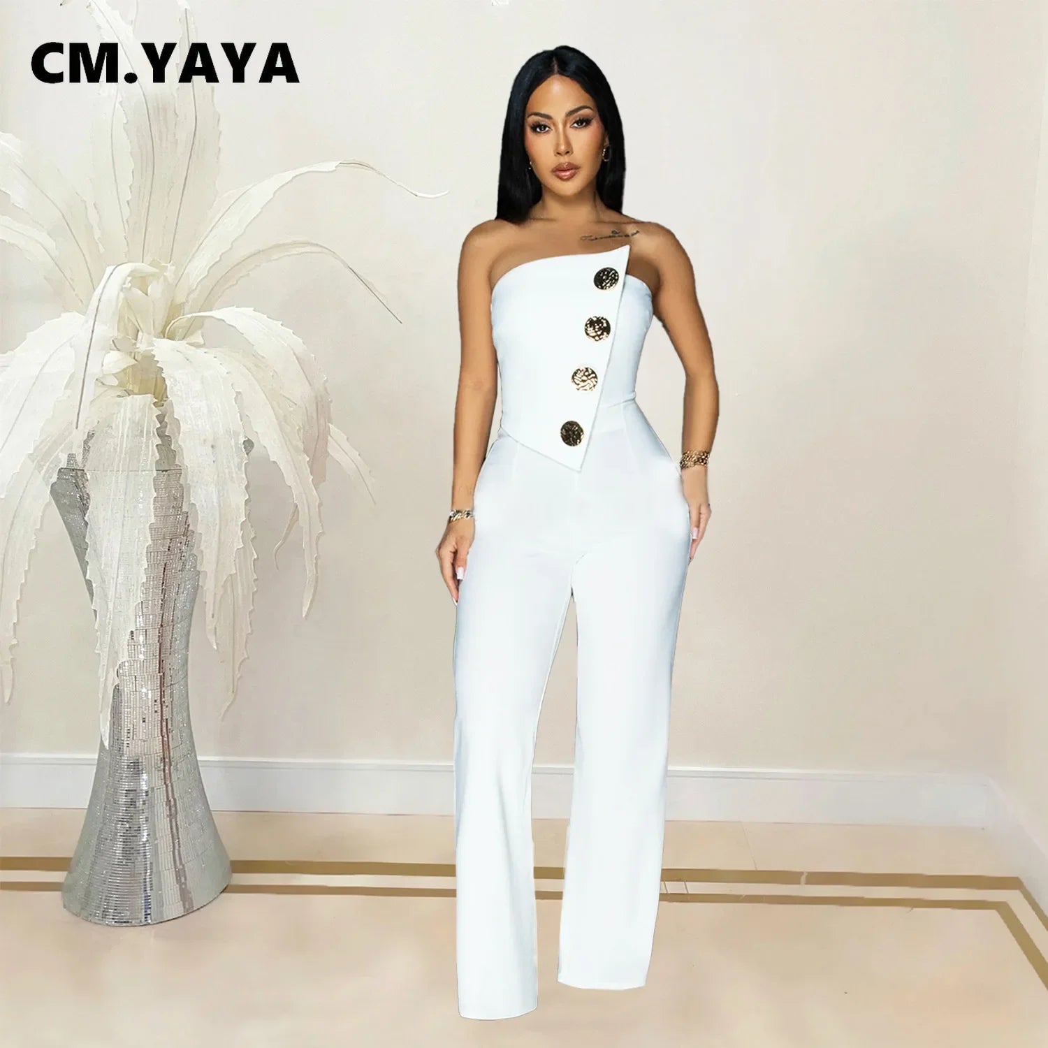 CM.YAYA Women's Elegant Button Strapless Sleeveless Irregular Girl Jumpsuits 2024 Fall Overalls Outfits Night Clubwear One Piece