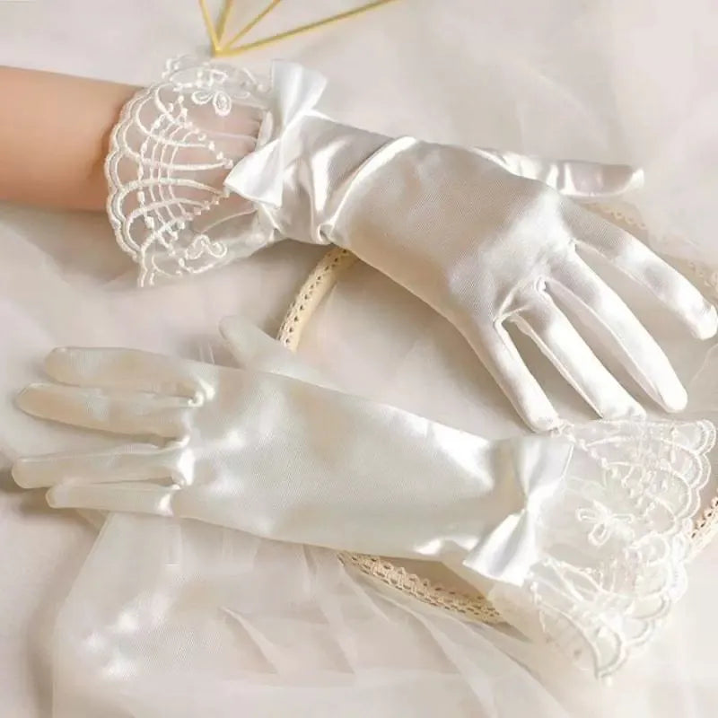 Wedding Date White Satin Lace Short Gloves Ladies Bride Accessories