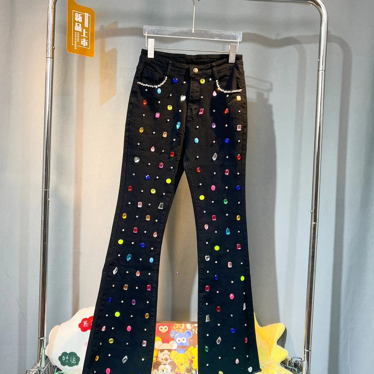 Niche Design Exquisite Rhinestone Beaded Bell-Bottom Denim Pants Women's Autumn and Winter Slimming Skinny Jeans High Waist