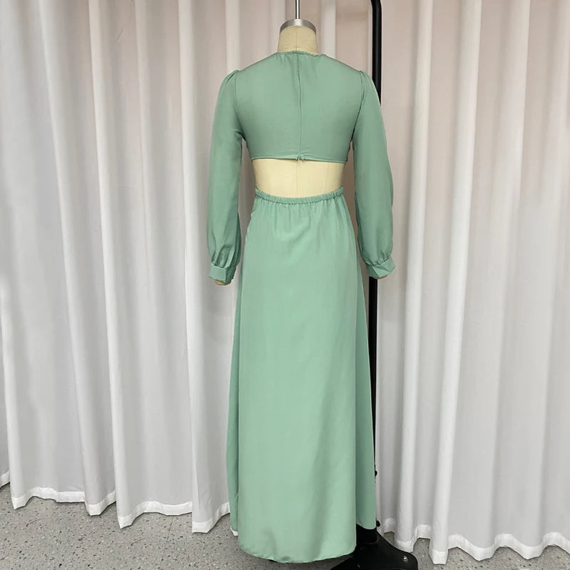 Ellafads Women Maxi Dress Elegant High Waist V-neck Lantern Sleeve Hollow Out Pleated Solid Color Ruffled Party Long Dresses