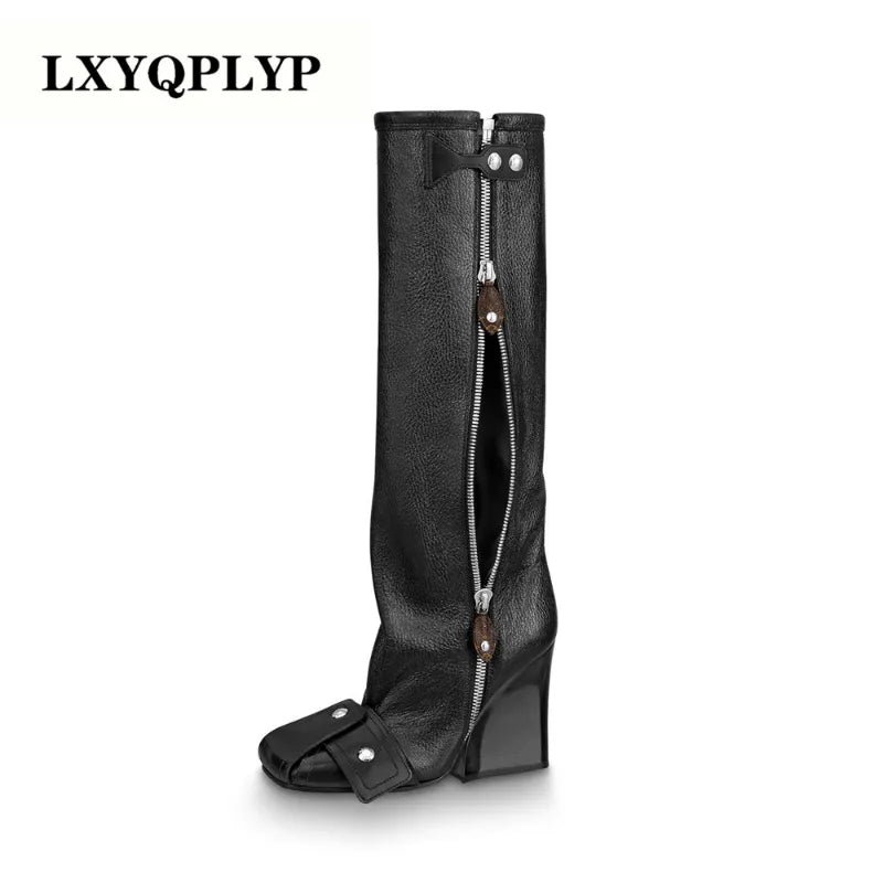 Bottes de marque pour femmes, mode automne et hiver, couleur contrastée, rivets latéraux, fermeture éclair, talons hauts, bottes de fête pour spectacle sur scène 