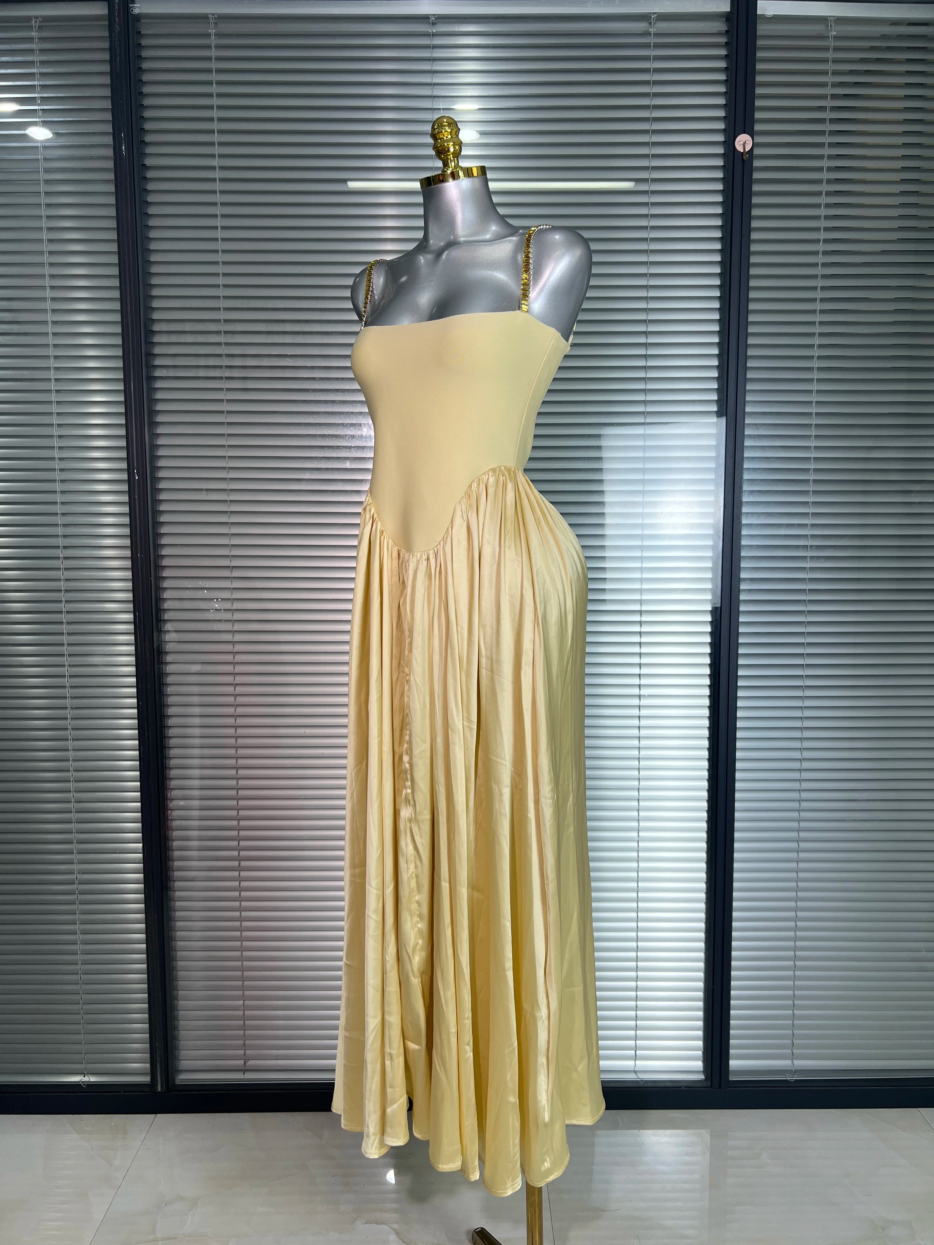 Summer New 2025 Women Luxury Sexy Chain Straps Yellow Long Gowns Bandage Dress Elegant Celebrity Evening Party Dress