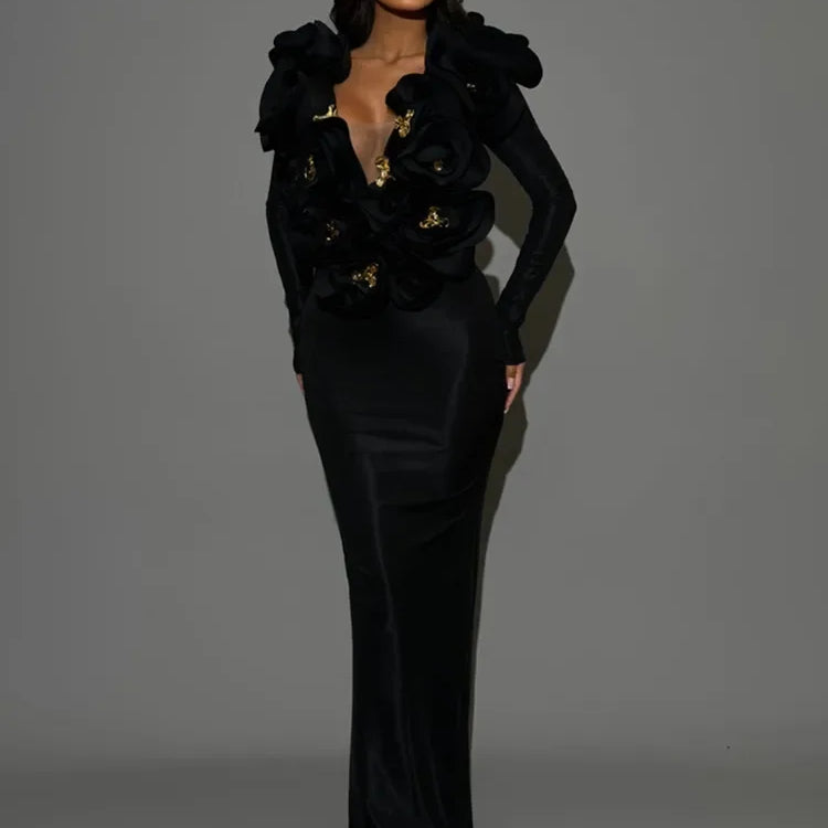 High Quality Black Color Women Sexy Off the Shoulder Florlas Bodycon Long Bandage Dress Celebrate Evening Party Nightclub Outfit