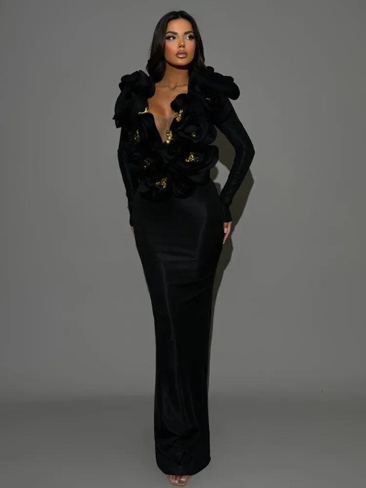 High Quality Black Color Women Sexy Off the Shoulder Florlas Bodycon Long Bandage Dress Celebrate Evening Party Nightclub Outfit