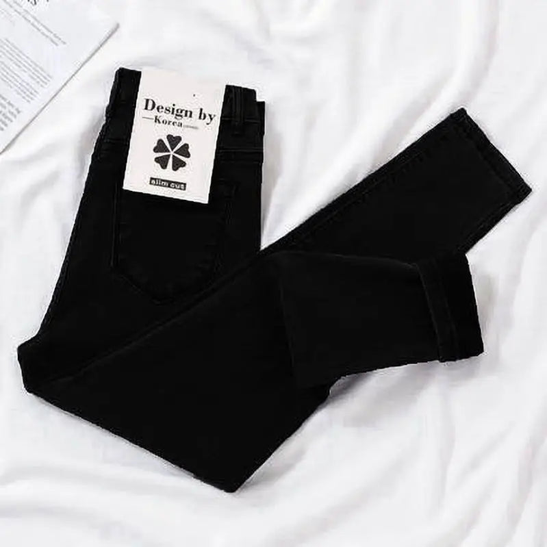 New Spring Autumn Season Blue Pencil Jeans Womens Mid Waist Skinny Vaqueros Fashion Plush Denim Capris Slim Jean Trousers Black