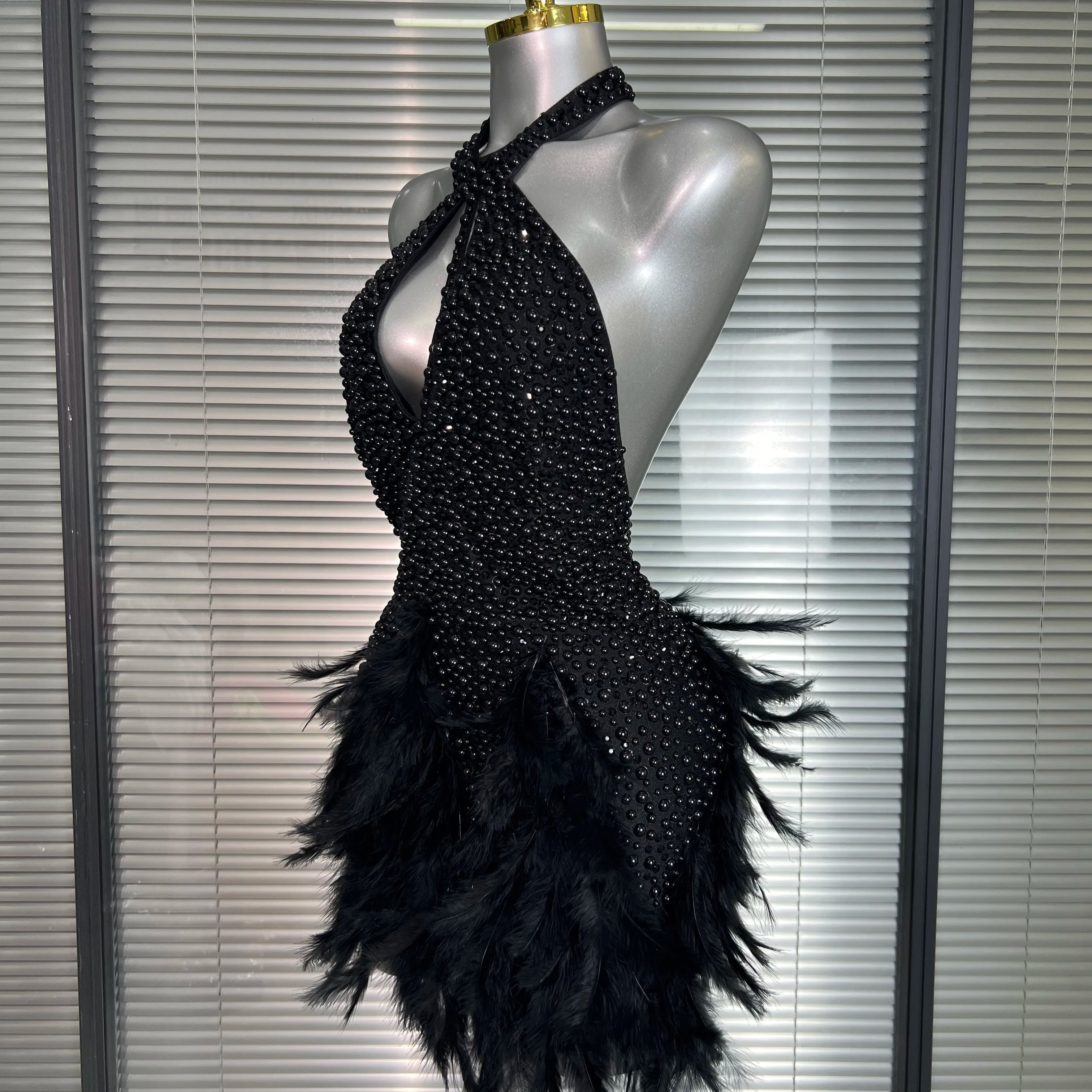 INS New Women Sexy Backless Feathers Performance Costume Stage Dancer Black Mini High Stretchy Night Club Party Dress
