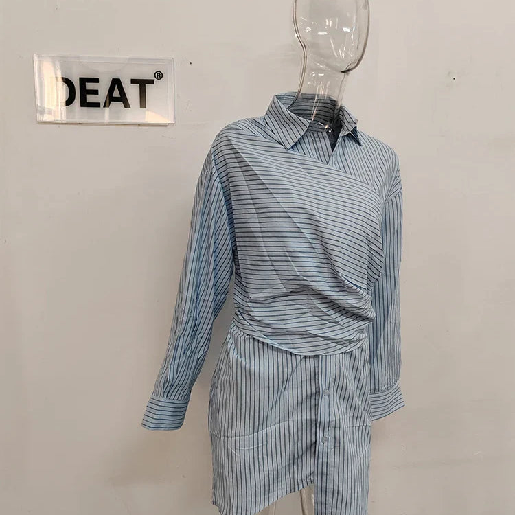 DEAT Fashion Women Blue Stripe Shirt Dress Lapel Single Breasted Full Sleeves Waist Retraction Folds Dresses Spring New College blue