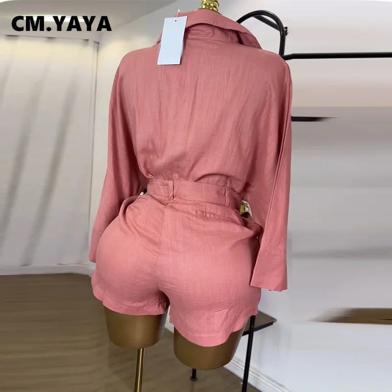 CM.YAYA Fashion Women's Set Full Sleeve Turn-down Collar T-shirt and Skirts Shorts 2025 Chic Two 2 Piece Sets Outfit Tracksuits