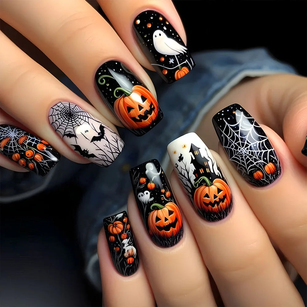 24pcs Black Press on Nails Halloween Fashion Pumpkin Ghost Full Cover Nail Tips Short Ballet False Nail Finished Fake Nails Sets