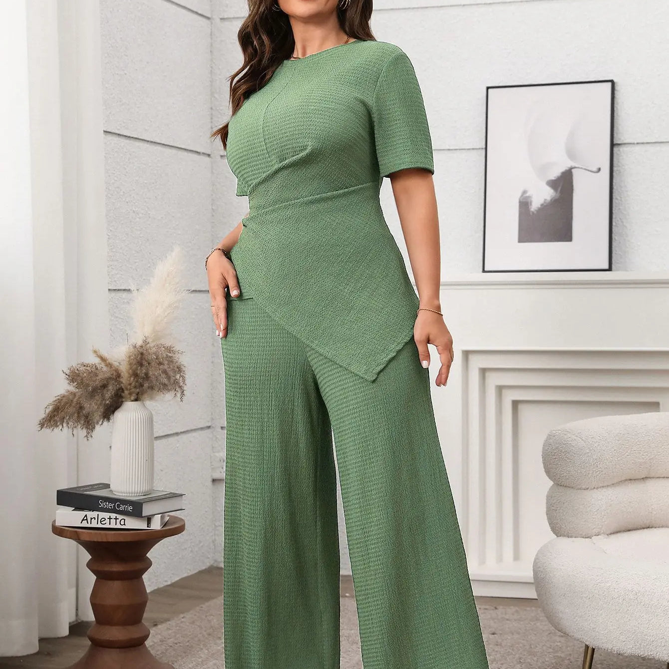 Plus Size Summer 2 Two Piece Set Women Irregular Slim Waist Fashion Ladies Blouses Wide Leg Loose Pleated Woman Long Pants