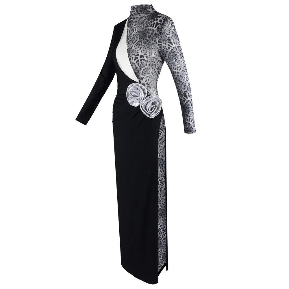 Women Fashion Long Sleeve Keyholes Florals Bodycon Long Maxi Dress Cotton Celebrate Evening Party Red Carpet Outfit