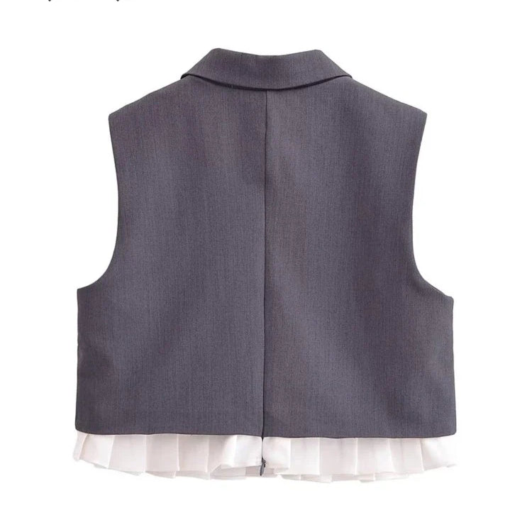 BlingBlingee Summer Women Sleeveless Shirt Mini Skirt Suits Traf Pleated Patchwork Slim Female Crop Top Tanks Sets Y2K Grey
