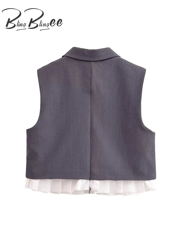 BlingBlingee Summer Women Sleeveless Shirt Mini Skirt Suits Traf Pleated Patchwork Slim Female Crop Top Tanks Sets Y2K Grey