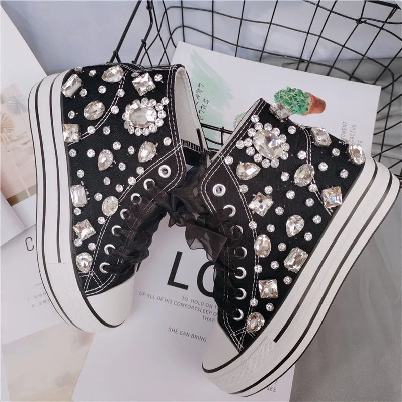 Crystal Hand-made Diamond Thick Bottom Inner High Top Women's Canvas Shoes Designer Sneaker Women Flats