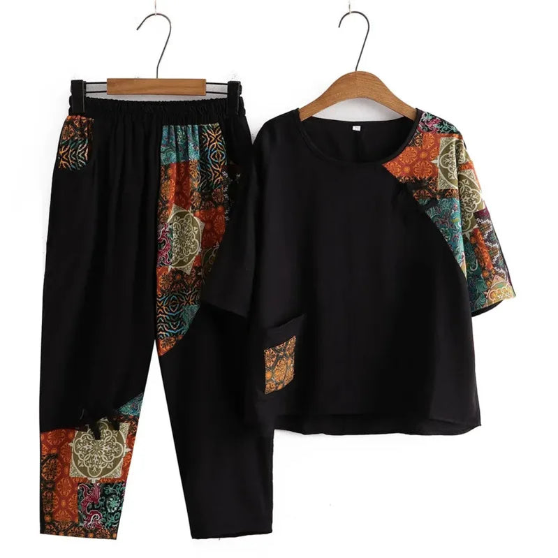 Women's Casual Suit Summer New Fashion Plus Size Clothing Loose Cotton Linen Short SleeveTops Harlan Cropped Pants Two Piece Set