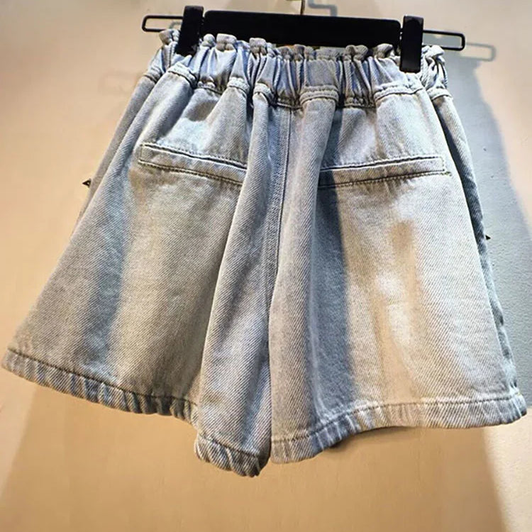 DEAT Women's Denim Shorts Rivet Big Diamonds Drawstring Elastic Waist Loose Wide Leg Short Jeans Summer New Fashion 29L1056