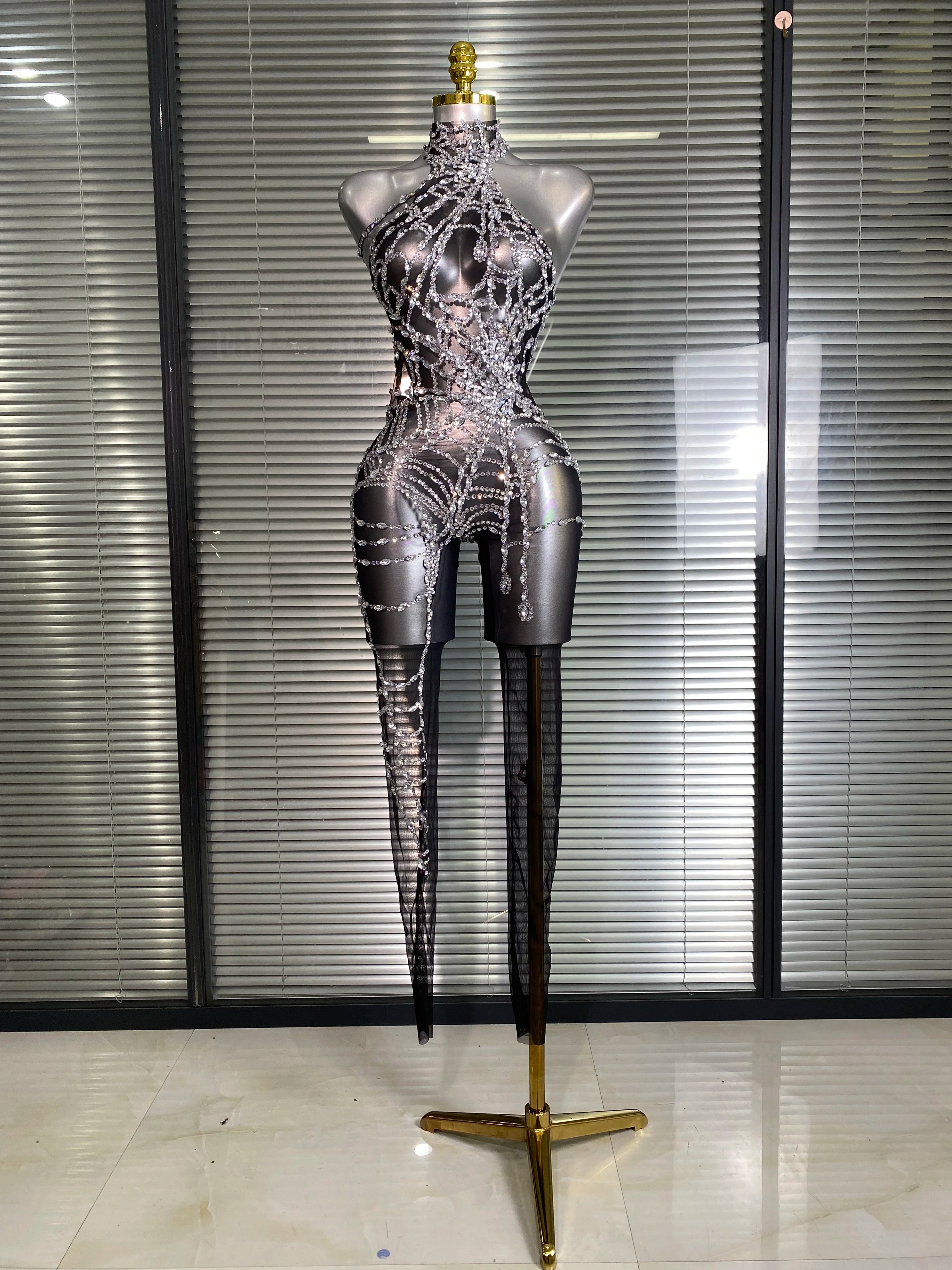 Women Sexy Black Nude Crystal Jumpsuit Celebrity Designer Stretchy Mesh See Through Singer Dancer Stage Night Club Rompers