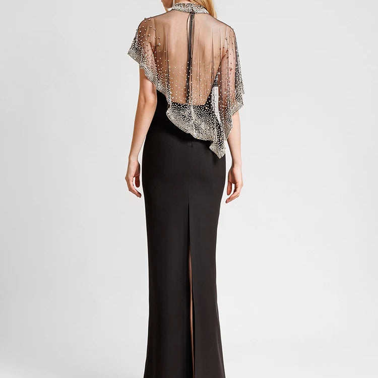 VC Luxury Sheer Beaded Mesh Cape Black Maxi Strapless Sleeveless Dress for Formal Events Gown