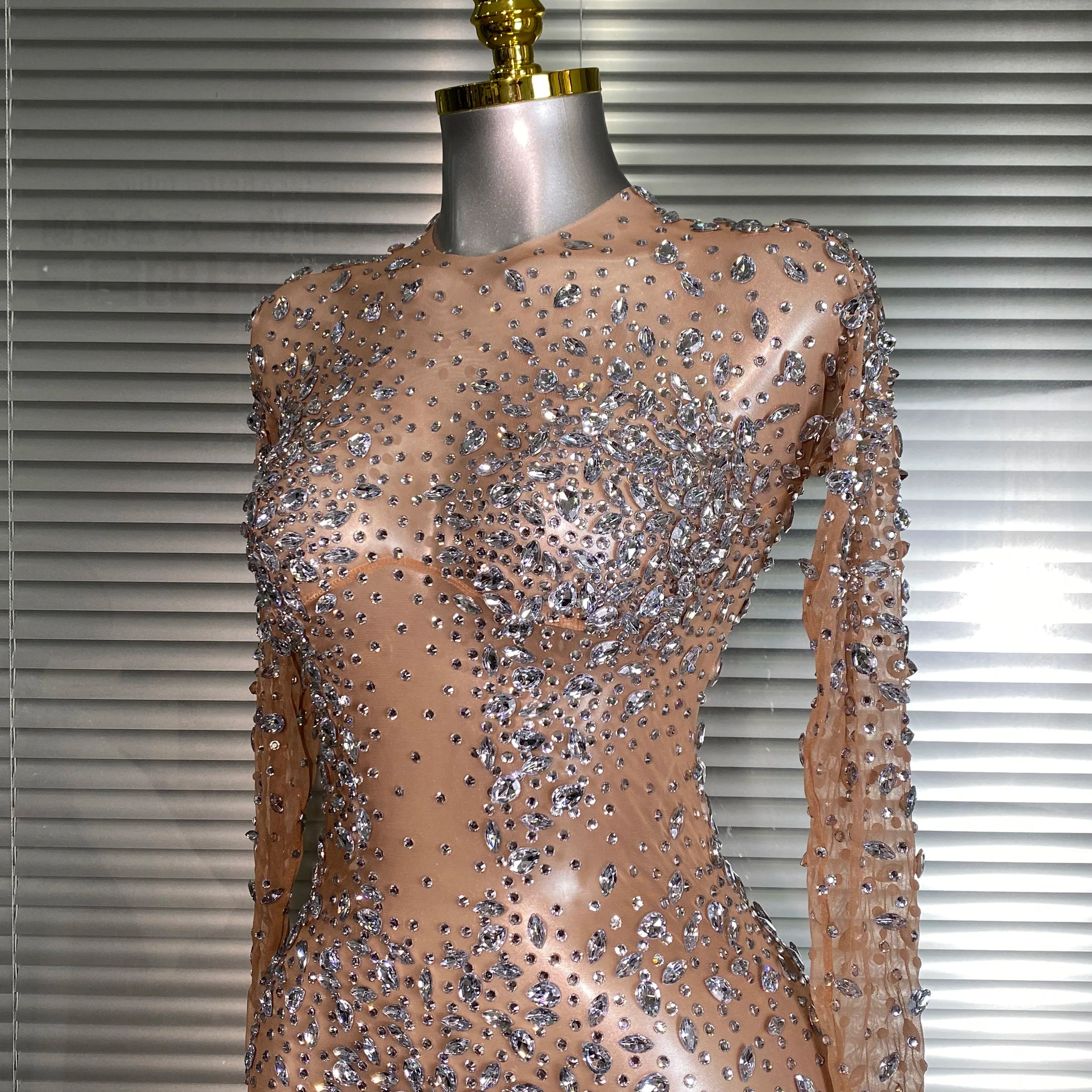 New Women Sexy Long Sleeve Mesh Sequins Maxi Dress See Through Skin Sheer Party Singer Party Costume Stage Performance Dress