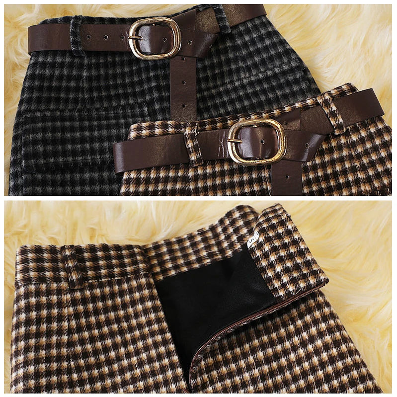 HI-FASHION Woolen Plaid Skirt Female Autumn New High Waist Pocket Split Mid-length Skirts Korean Winter One-step Plus Size Skirt