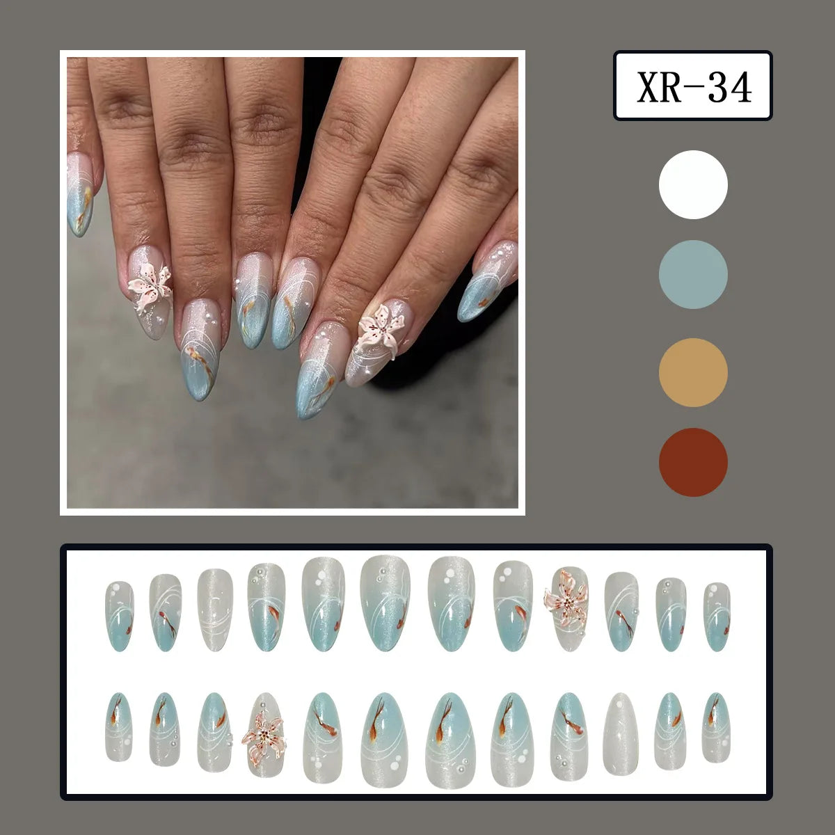 24pcs 3D Carved Petal Decor False Nails Gradient Blue Almond Fake Nails Tips Wearable Detachable Spice Girl Press on Nails