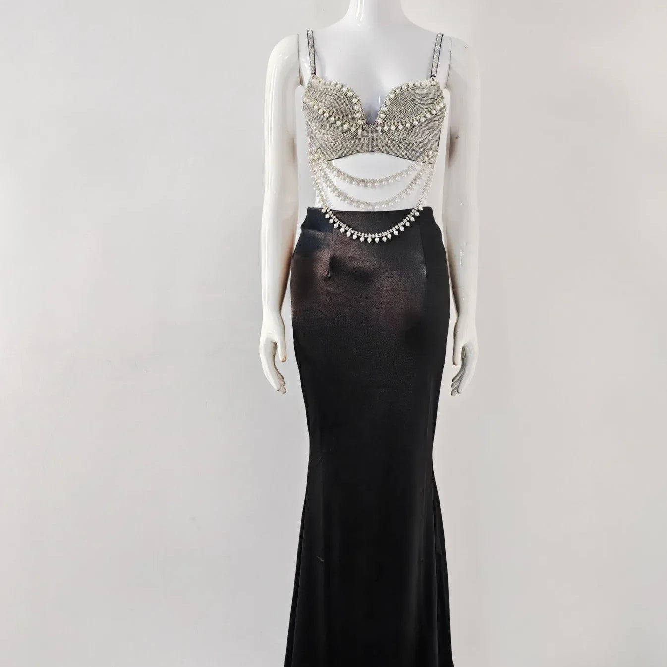 Summer Women Sexy Shinning Crystal Tops 2 Pieces Bodycon Long Dress Elegant Evening Birthday Party Cocktail Outfit