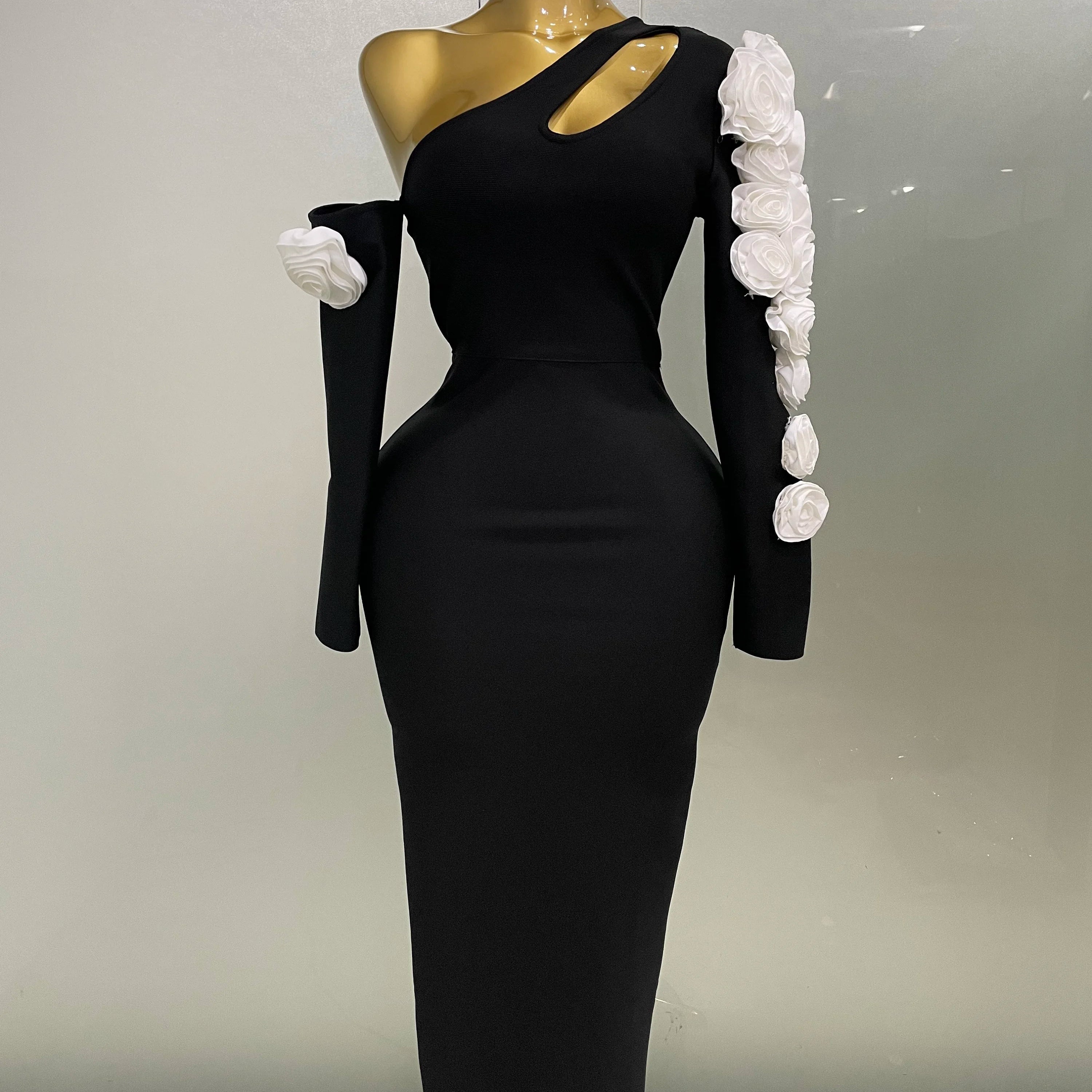 2025 New Sexy One Shoulder Key Hole Flower Maxi Long Bodycon Bandage Dress Women Knitted Elegant Evening Club Party Outfit