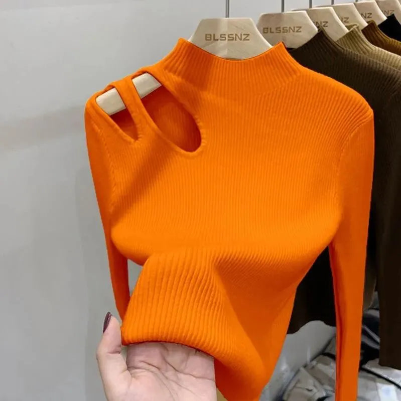 Turtleneck Knitted Women Sweater Ribbed Pullovers Autumn Winter Basic Women Sweaters Fit Soft Warm Tops Orange One Size