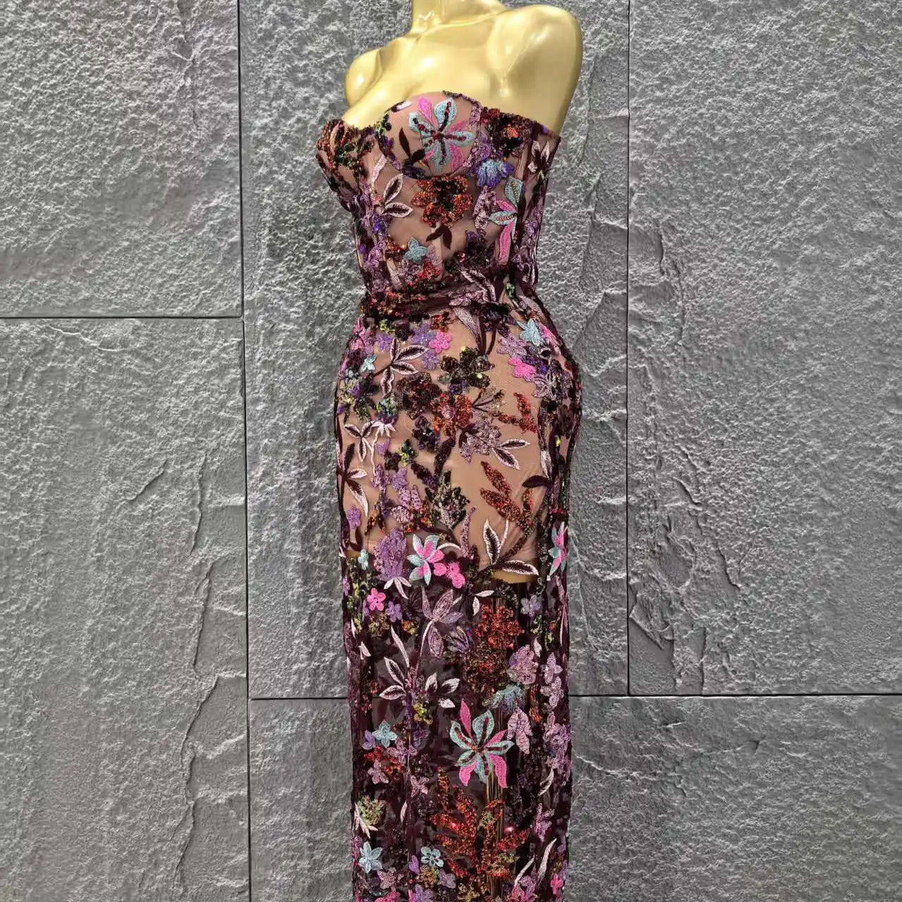 Top Quality Women Sexy Strapless Embroidery Florals Bodycon Long Dress Elegant Evening Party Cocktail Fashion Girls' Outfit