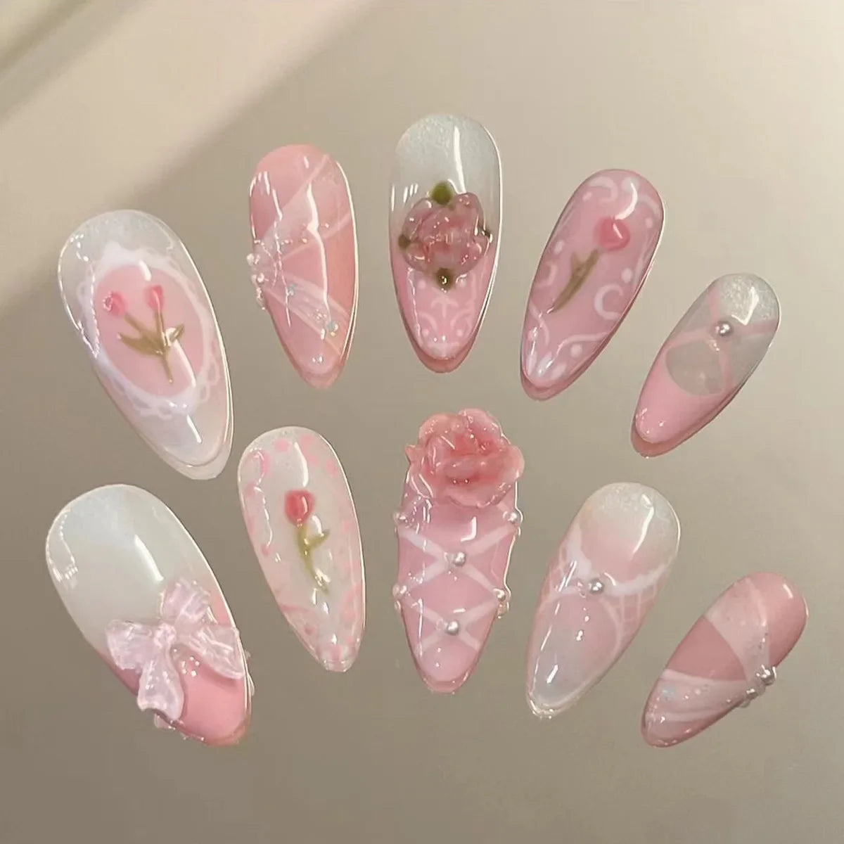 24Pcs Pink Gradient Almond Fake Nails Press on With Pearl Rhinestone Design False Nails Bow Flower Pattern Full Cover Nails Tips