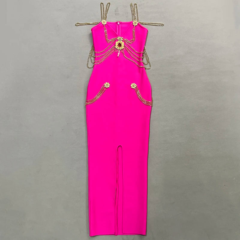 Runway Fashion Maxi Long Bandage Dress Open Fork Chains Strap Fashion Beading Bandage Dress Cocktail Party Bodycon Dresses 2025