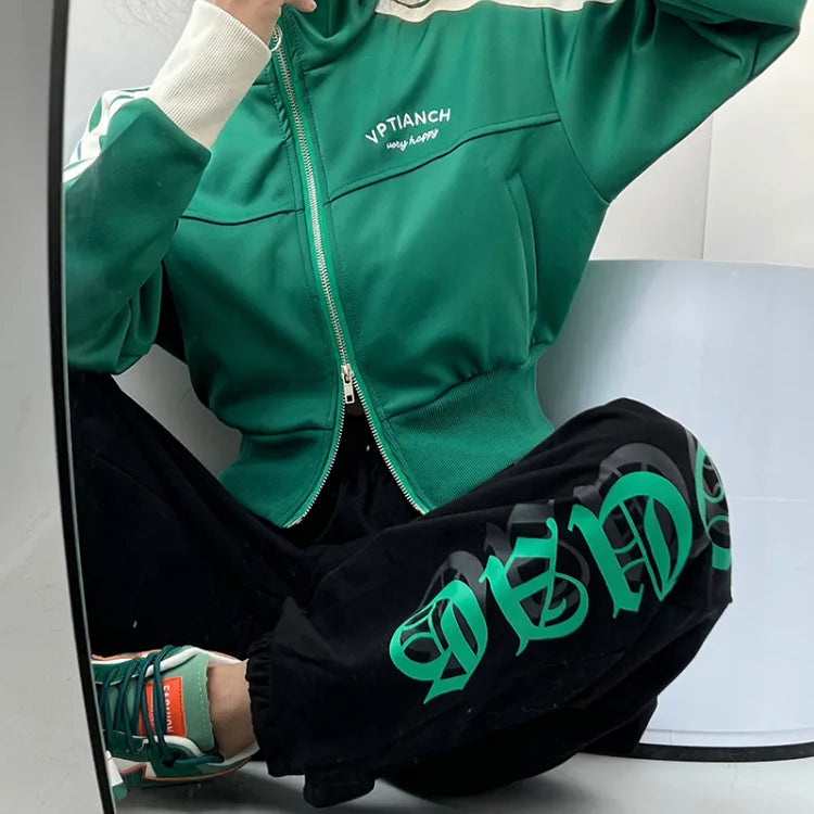 [YOZOU] Spring Double Zipper Baseball Cropped Jacket Women Outerwear Embroidered Striped Green Black White Blue Zip Up Coat