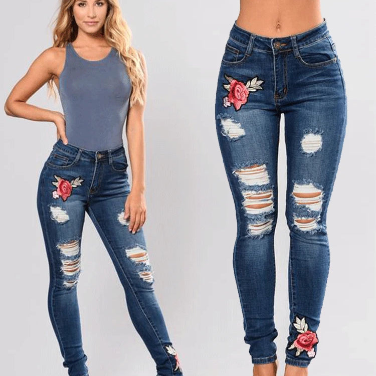 European and American Style Jeans Ripped Embroidered Women's Jeans Trousers Pencil Pants Blue Jeans for Women darkblue