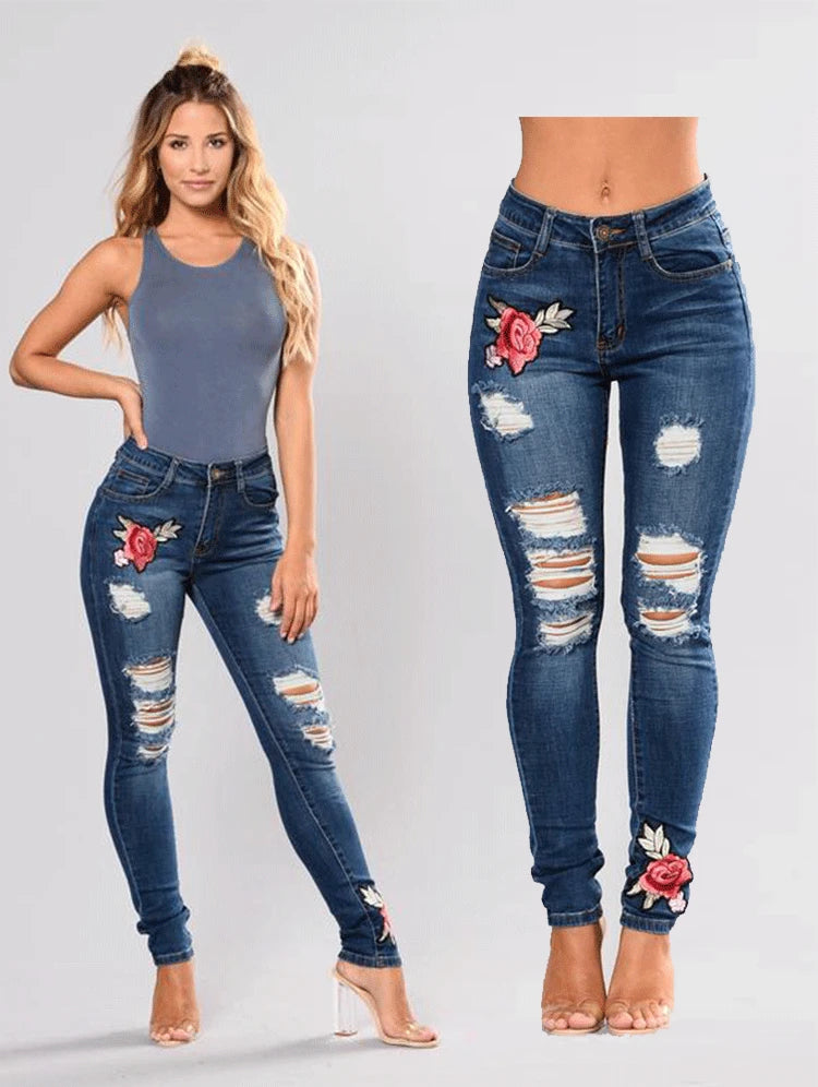 European and American Style Jeans Ripped Embroidered Women's Jeans Trousers Pencil Pants Blue Jeans for Women darkblue