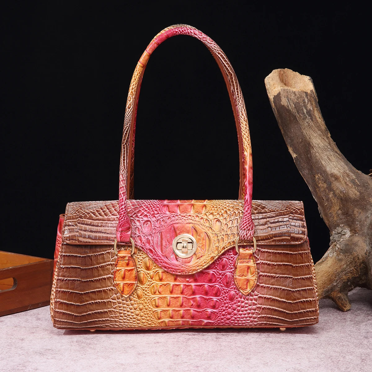 Multicolor Crocodile Pattern Fashion Handheld Stick Bag Large Capacity One Shoulder Underarm Bag Women's Luxury Handbag RoseBrown