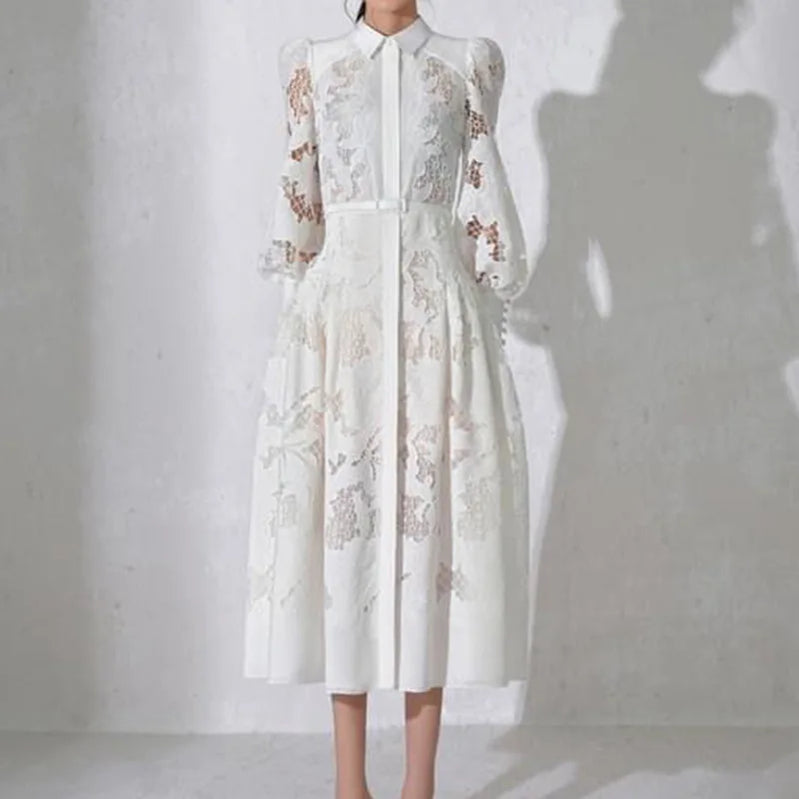 New Luxury Women Lace Embroidery Dress Spring Summer Long Sleeve White Wedding Evening Party Hollow Out Vestido Dresses