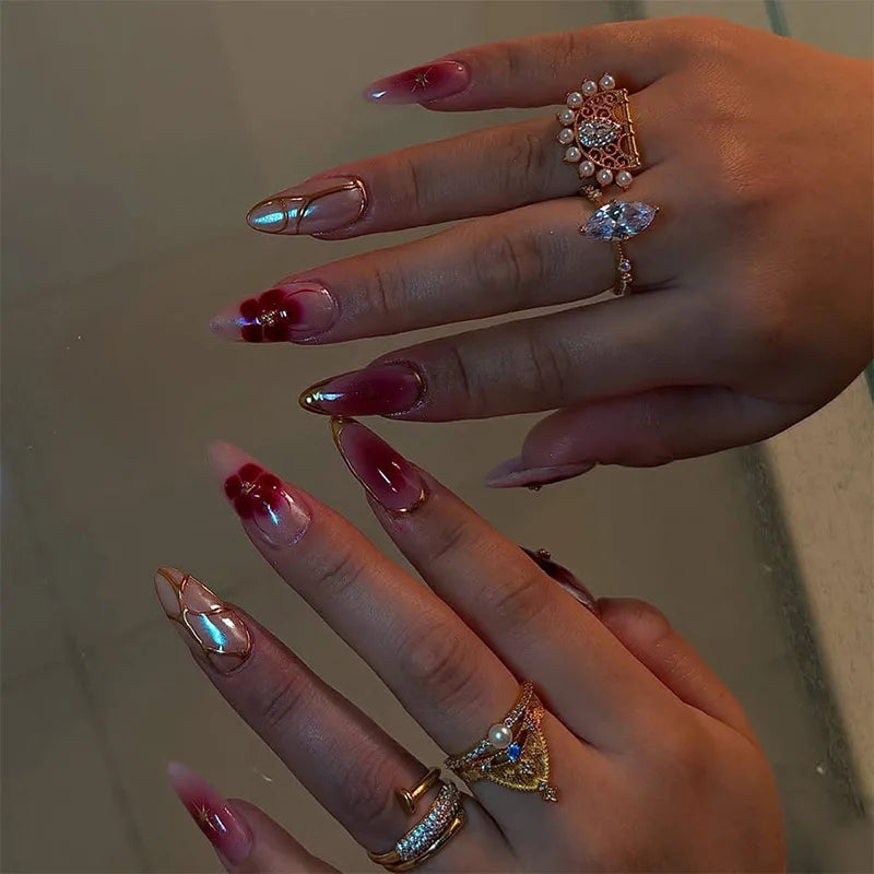 24Pcs Simple Wearable Blush Pink Oval Nail Art Short Almond Fake Nail Full Cover Stripe Pattern Fashion with Jelly Glue Manicure