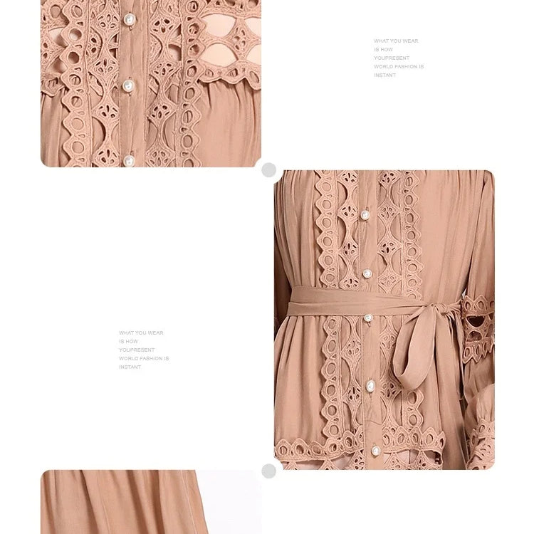 Spring Autumn Stand Collar Lace Hollowed Out Single Breasted Dress Women's Vintage Elegant Full Sleeve Rnnway Long Dress