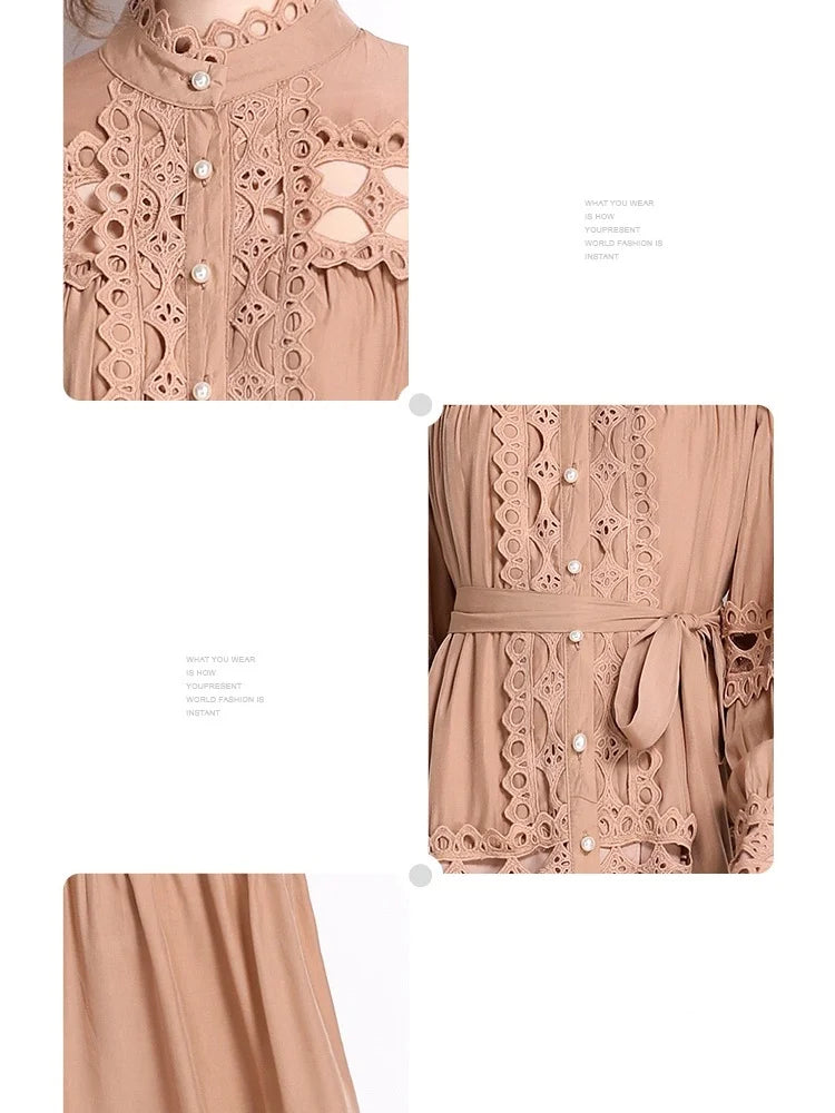Spring Autumn Stand Collar Lace Hollowed Out Single Breasted Dress Women's Vintage Elegant Full Sleeve Rnnway Long Dress